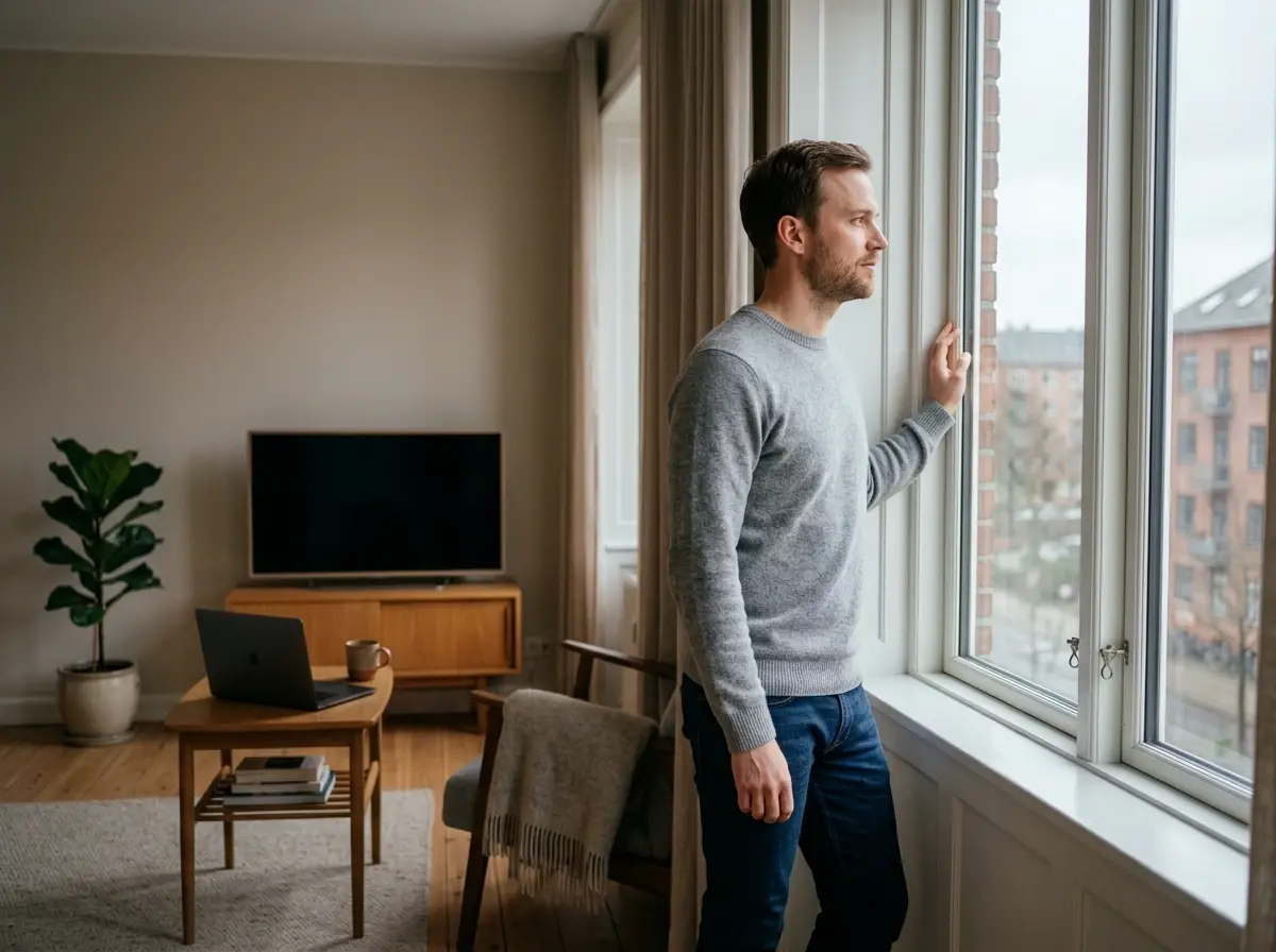 Person tager en pause fra skærmen og kigger ud af vinduet — ansvarligt spil