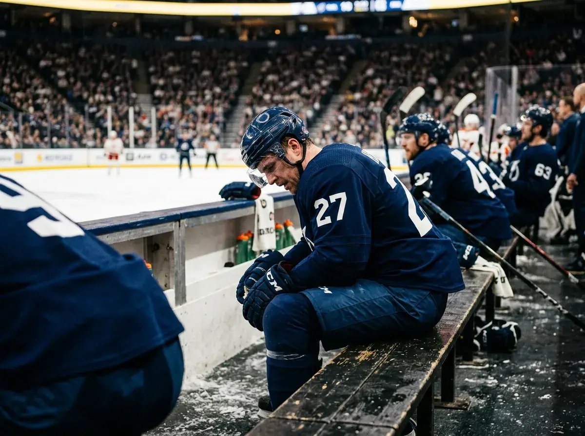 Træt ishockeyspiller sidder på spillerbænken med hovedet let sænket