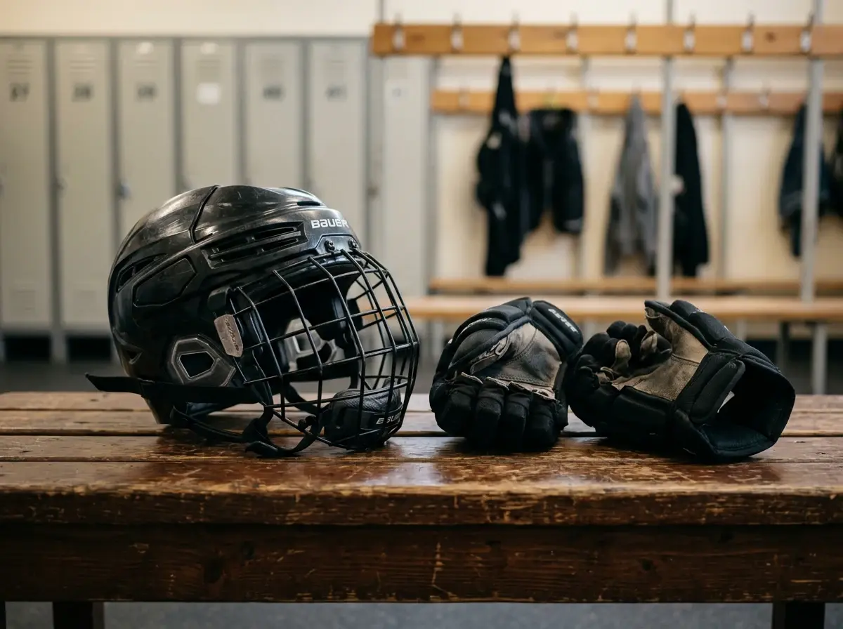 Ishockeyhjelm og handsker liggende på bænken i omklædningsrummet
