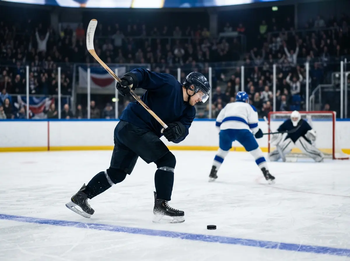 Ishockeyspiller tager et slagskud på isen med målmand i baggrunden