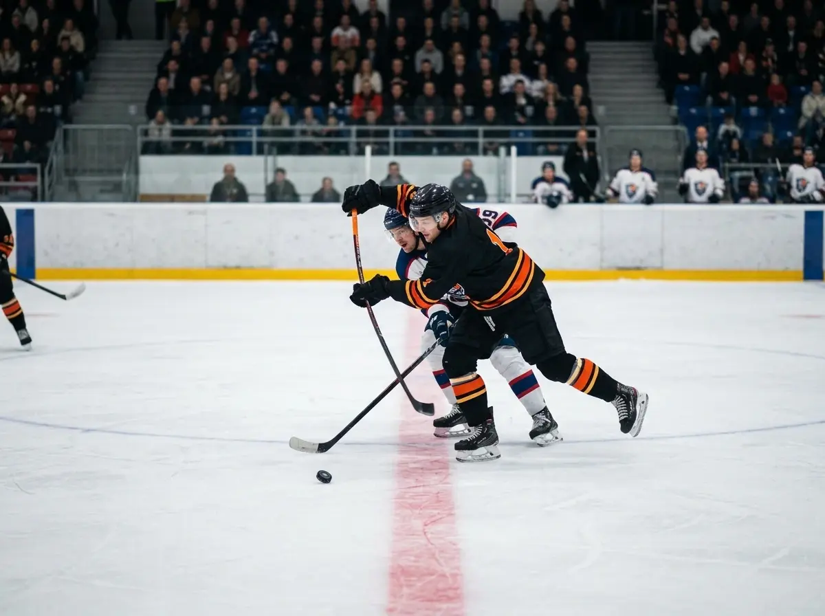 Ishockeyspillere fra to forskellige europæiske klubber i kamp om pucken ved midterlinjen