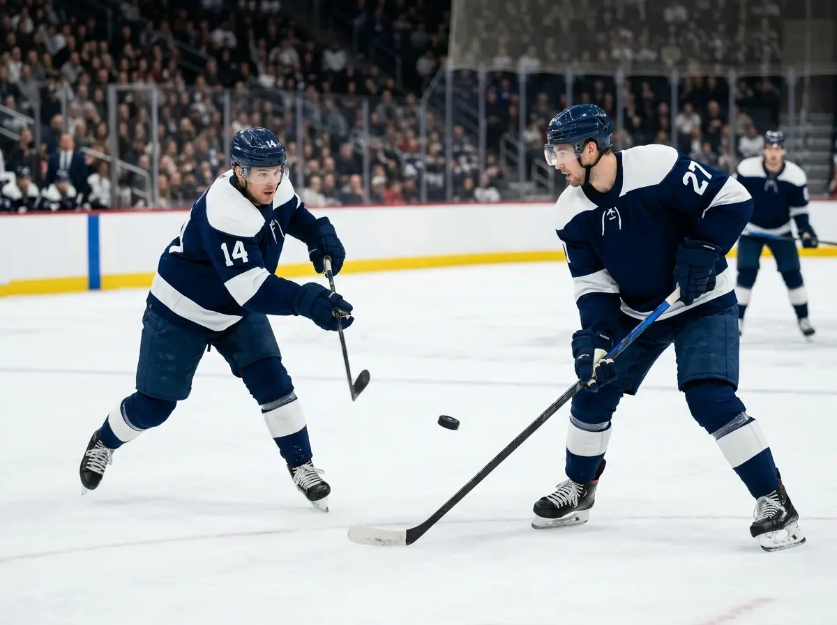 Ishockeyspiller passer pucken til holdkammerat på isen under kampsituation