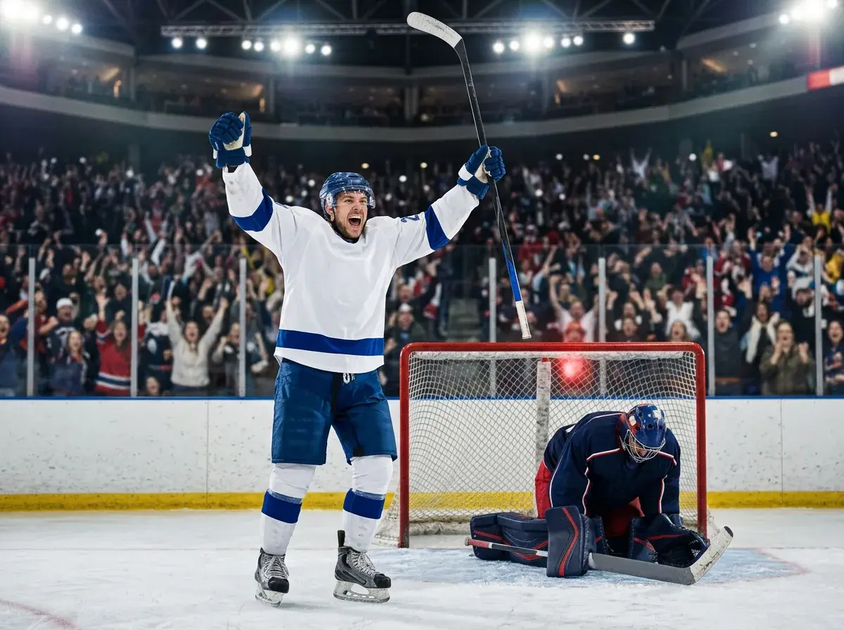 Ishockeyspiller fejrer scoring med løftede arme foran modstanderens mål