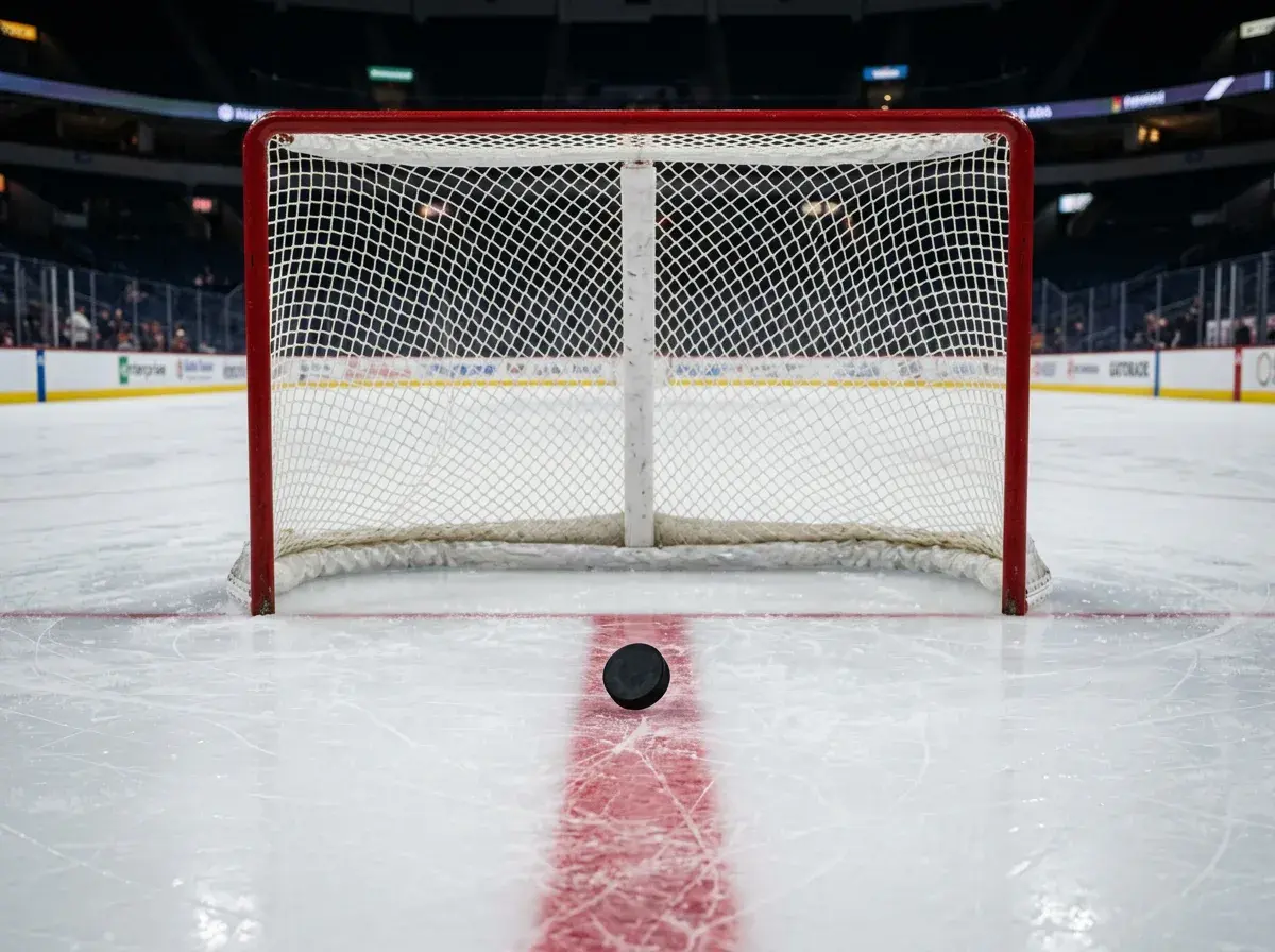 Tomt ishockeymål uden målmand med puk på vej ind under empty-net situation
