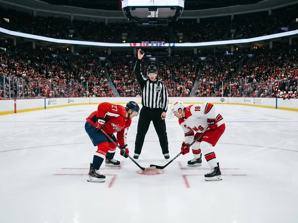 Face-off mellem to ishockeyspillere ved midterpunktet ved starten af første periode