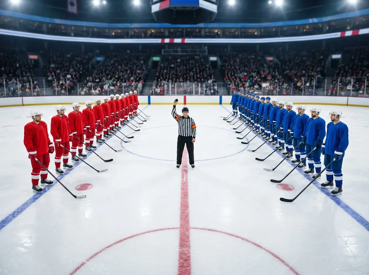 To ishockeyhold på isen ved kampstart med dommer i midten klar til face-off