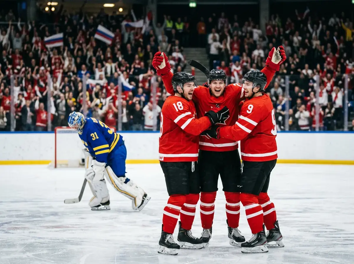 Ishockeyspillere fejrer en scoring på isen under international VM-kamp