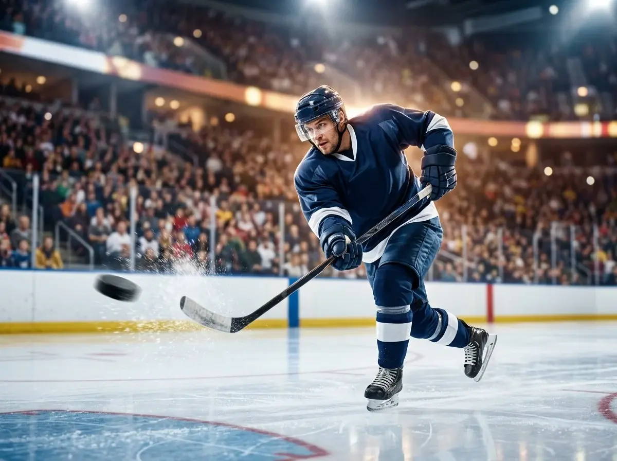Ishockey-spiller tager et skud mod mål i oplyst arena — datadrevet betting guide