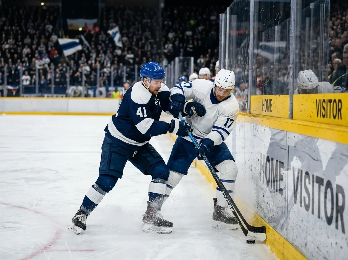 Ishockeyspillere i fuld fart under live-kamp med puk og brydning om pucken ved banden