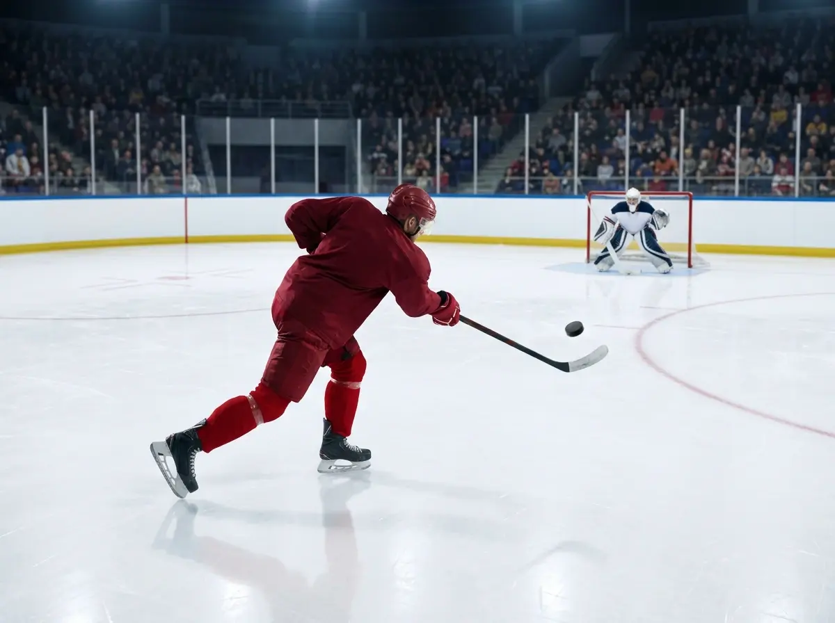 Ishockeyspiller skyder pucken mod mål under kamp på større europæisk isbane