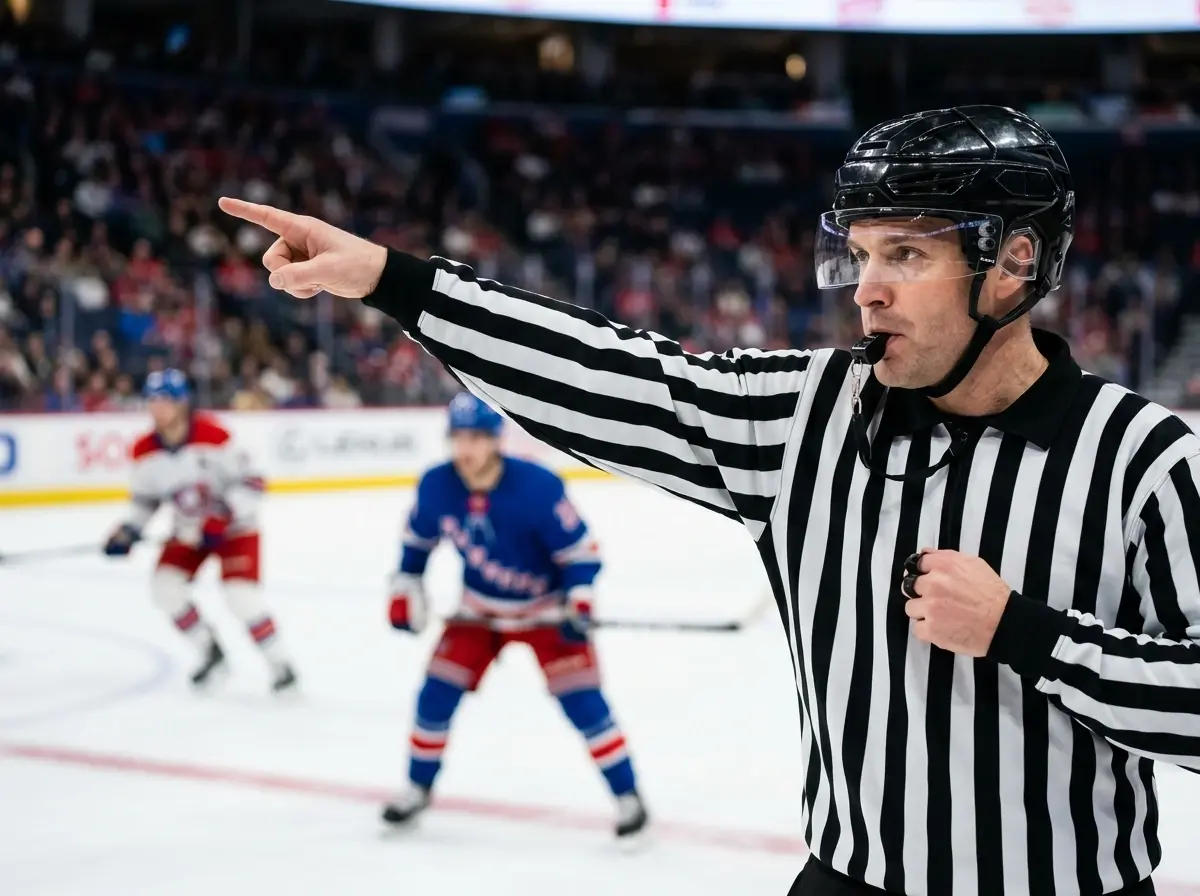 Dommer blæser i fløjten under ishockeykamp med spillere i baggrunden