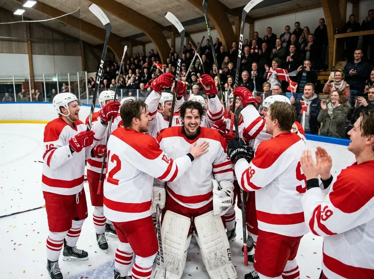 Ishockeyhold fejrer sejr i pokalturnering sammen på isen efter finalekamp