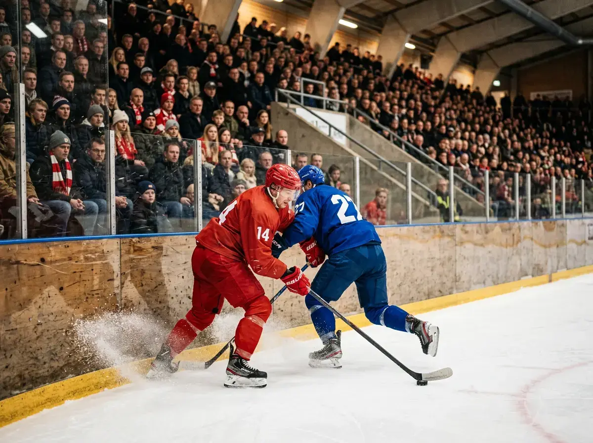 Metal Ligaen ishockey-kamp på dansk indendørs isarena med fuldt publikum