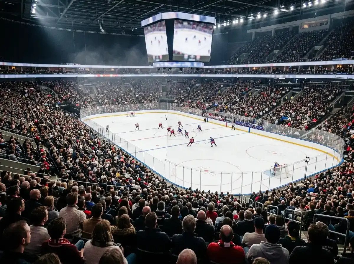 Fyldt ishockey-arena med publikum under kamp