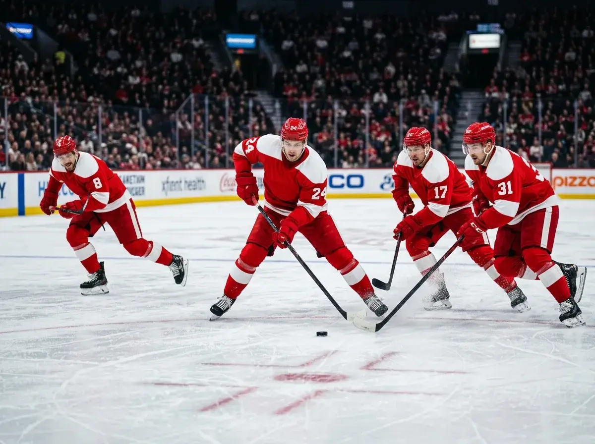 Ishockeyspillere løber mod pucken efter face-off ved midterlinjen