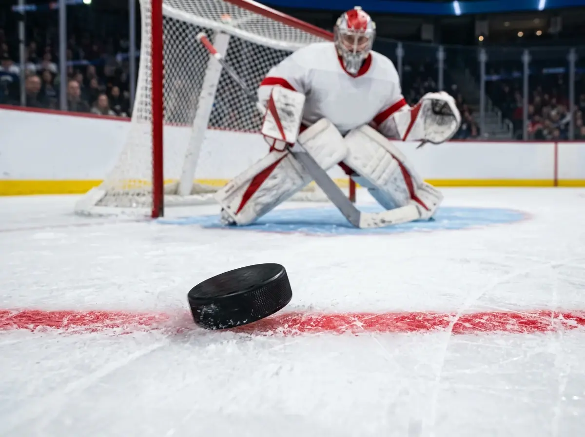 Ishockeypuk på isen foran målstreg med målmand i baggrunden under NHL-kamp