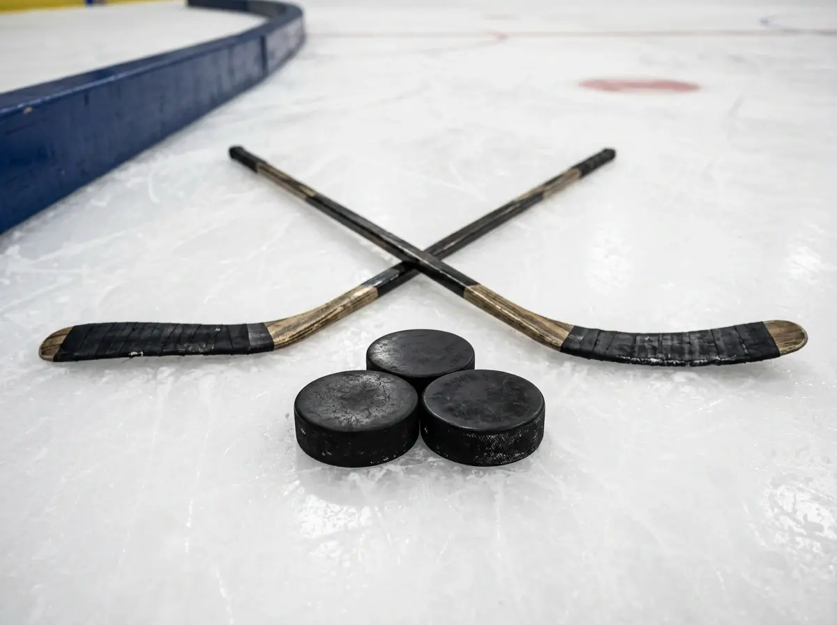 Flere ishockeypuke samlet på isen ved banden med stokke i baggrunden