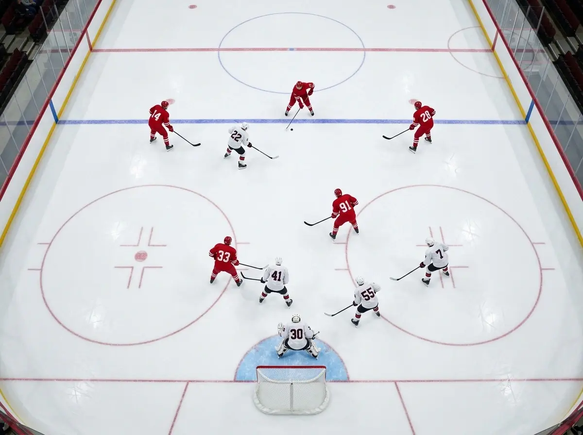 Fem ishockeyspillere i powerplay-opstilling i angrebszonen med målmand i modstanderholdets mål