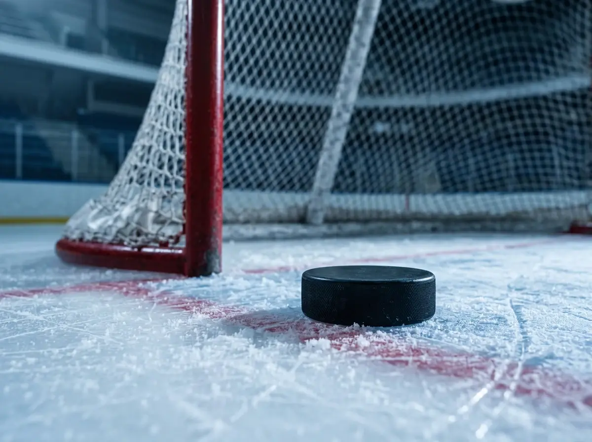 Puck line handicap på NHL-kampbanner med ishockeypuck foran målstolpe