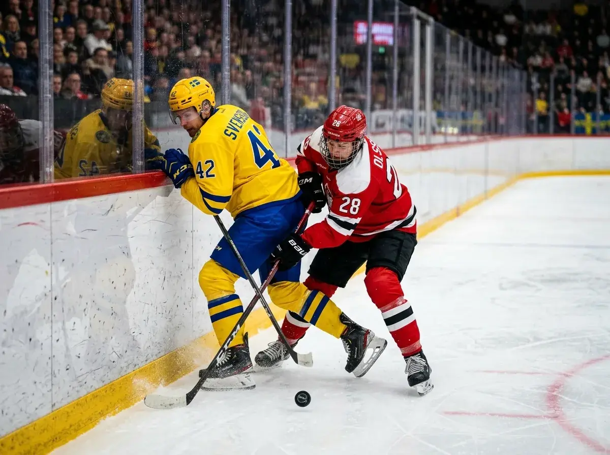 To ishockeyspillere dueller om pucken i hjørnet af banen under klubkamp