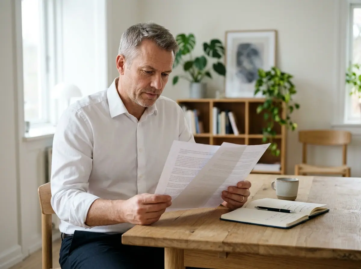 Voksen mand læser papirer ved skrivebord med notesbog og kuglepen