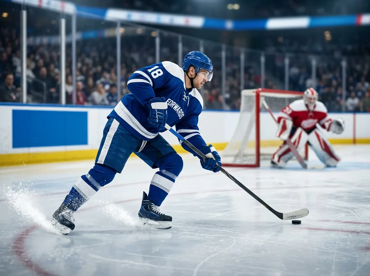 Ishockeyangriber i fart med pucken på stokken klar til at skyde mod mål