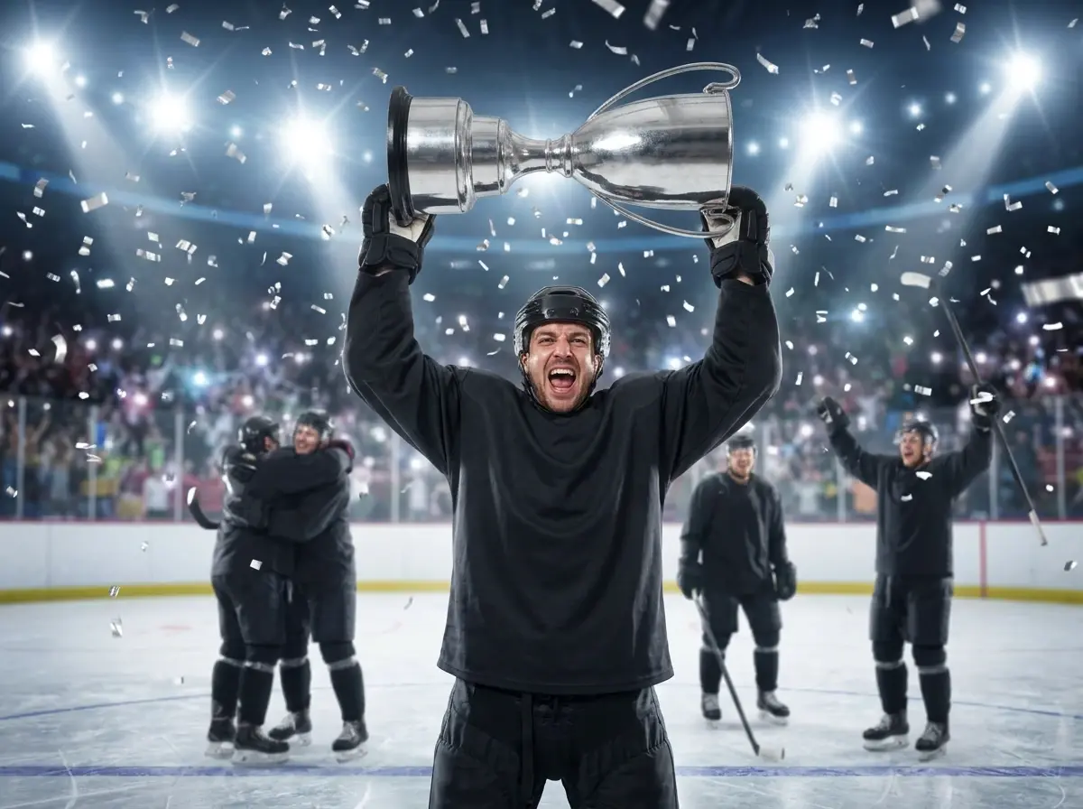 Ishockeyspiller løfter en generisk sølvpokal over hovedet efter slutspilsejr