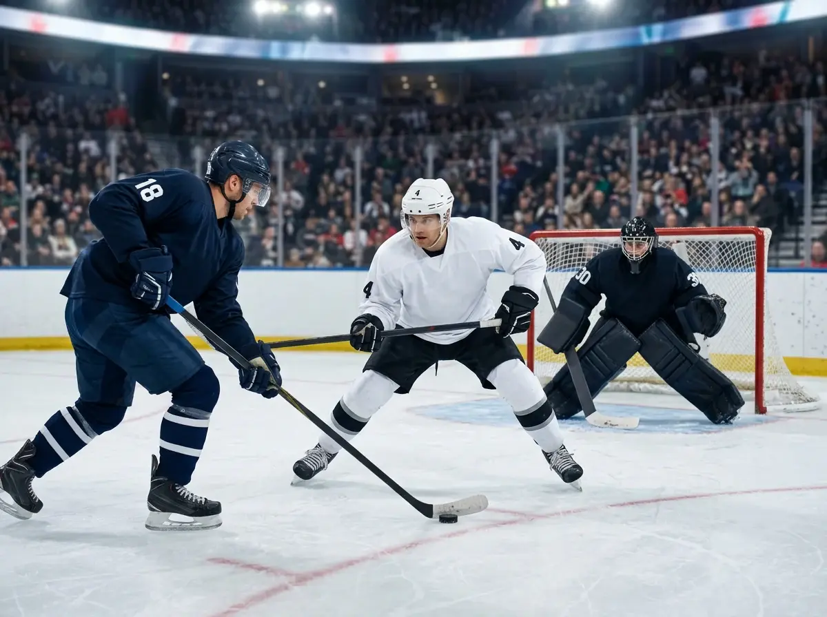 Ishockeyspiller forsvarer sig mod angriber foran eget mål med skøjter på isen